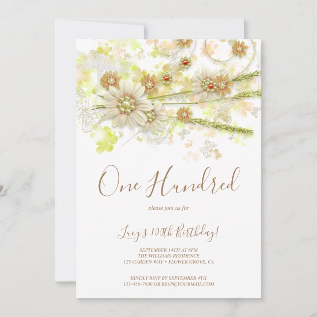 Convites Spring Flower & Beads Decorative 100th Birthday (Frente)