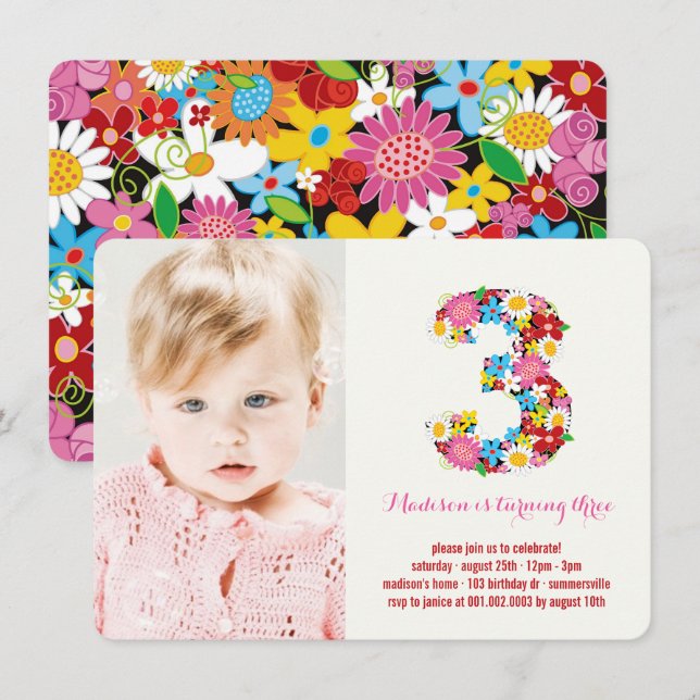 Convites Spring Flowers Chic Three Girl aniversário de 3 an (Frente/Verso)