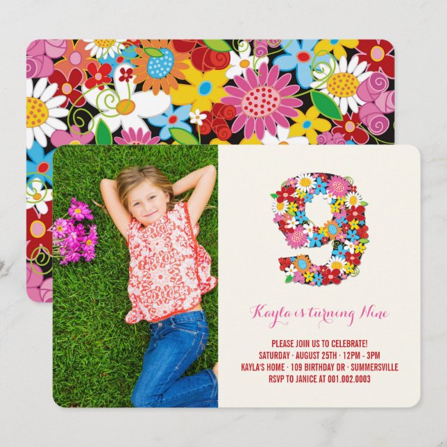 Convites Spring Flowers Nove Girl 9th Birthday Foto Invite (Frente/Verso)