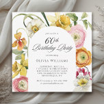 Convites Spring Garden Bright Floral 60th Birthday Party<br><div class="desc">Bright and sunny garden florals make this spring garden 60th birthday party invitation a favorite choice celebrations in spring and into the summer months. Mixed colors of daffodils, ranunculus, and other floral elements blend beautifully in this garden themed design. Personalize the text template with your event details. The back of...</div>
