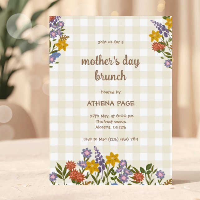 Convites Spring Gingham Floral Mother's Day (Mother’s Day Brunch Invitation Template | Floral Mother's Day Invite | Editable Mother's Day Event I)