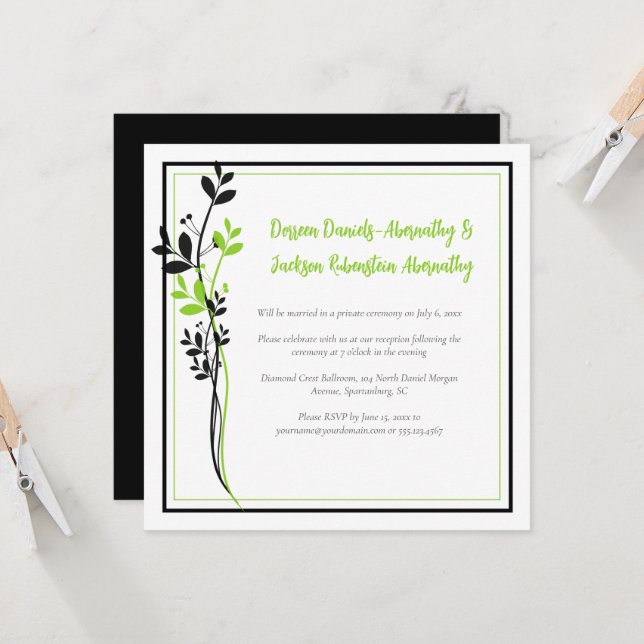 Convites Spring Green and Black Floral Reception Only | (Frente/Verso In Situ)