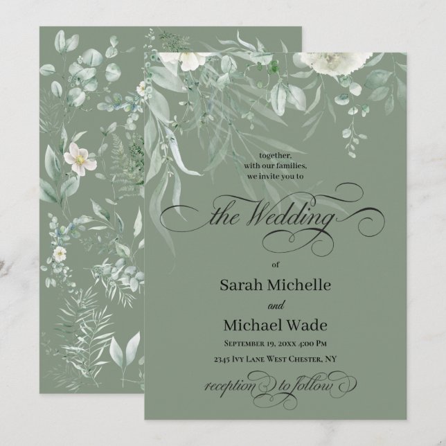 Convites Spring Greenery Calligraphy Wedding Invitation (Frente/Verso)
