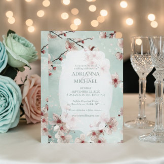 Convites Spring Pink Floral on Teal Wedding Invitation