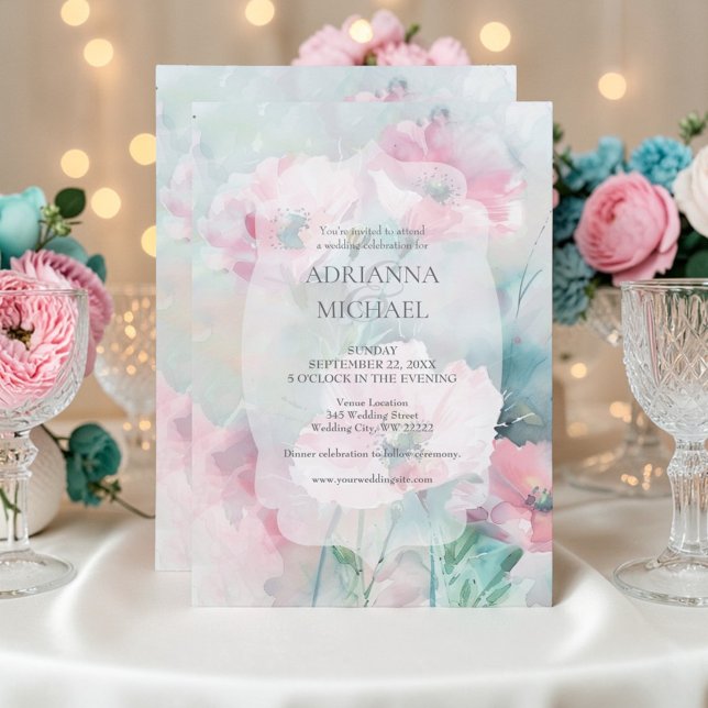 Convites Spring Pink & Teal Floral Wedding Invitation (Criador carregado)