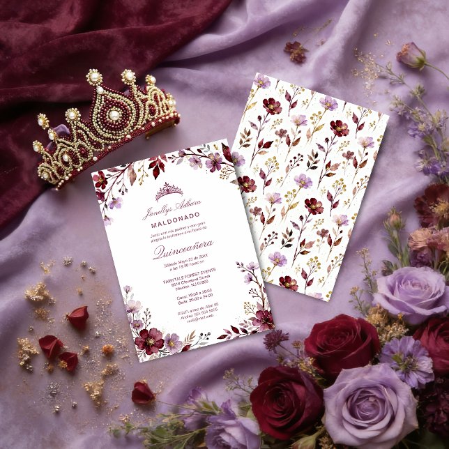 Convites Spring Purple-Toned Botanical Branches Tiara XVs (Stylish Spring Botanical Purple-Toned Exquisite Branches Quinceañera Invitation Cards.)