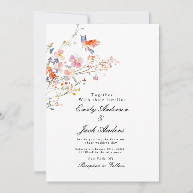 Convites spring simple hand drawn Floral elegant wedding (Frente)