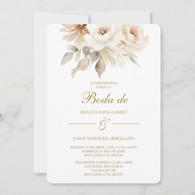 Convites Spring white flower Wedding Invitation in Spanish (Frente)