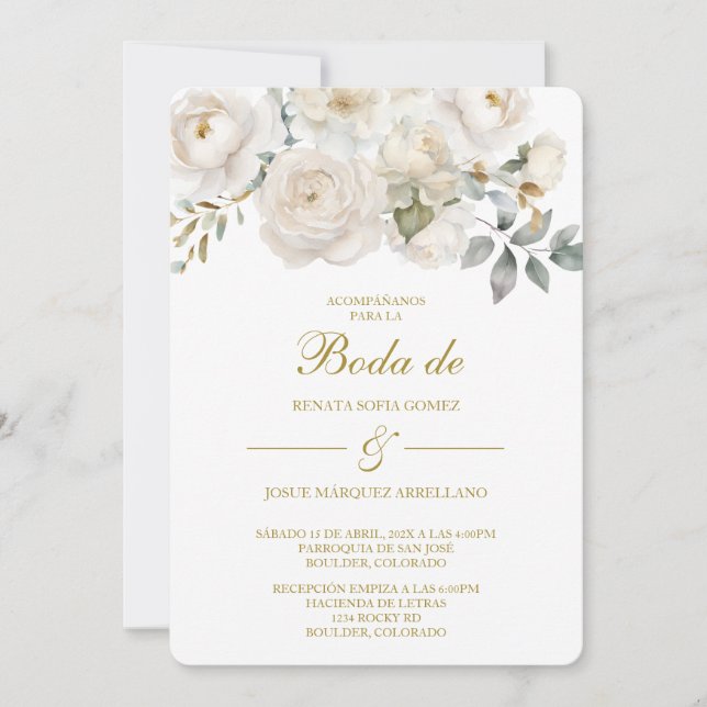 Convites Spring white flower Wedding Invitation in Spanish (Frente)