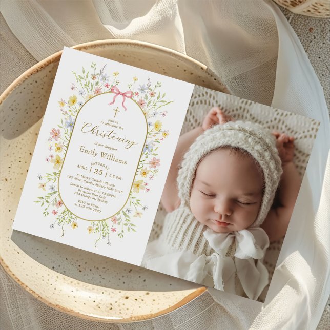 Convites Spring Wildflower Meadow Christening Photo (Criador carregado)