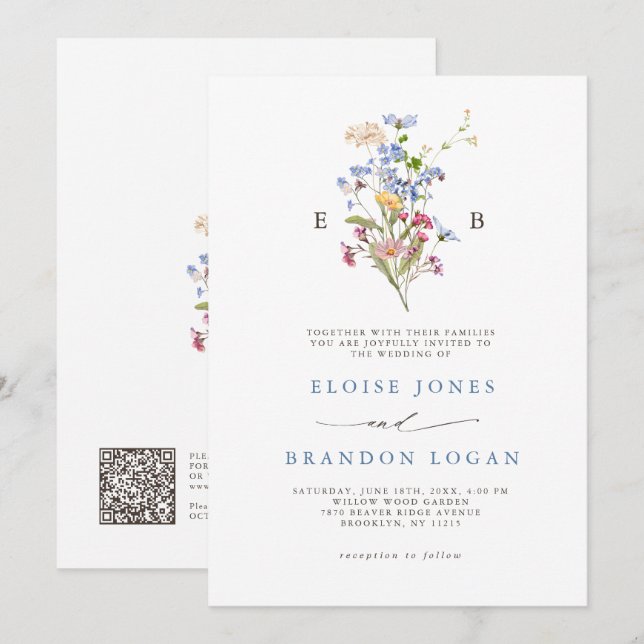 Convites Spring Wildflower Meadow Garden QR Code Wedding   (Frente/Verso)