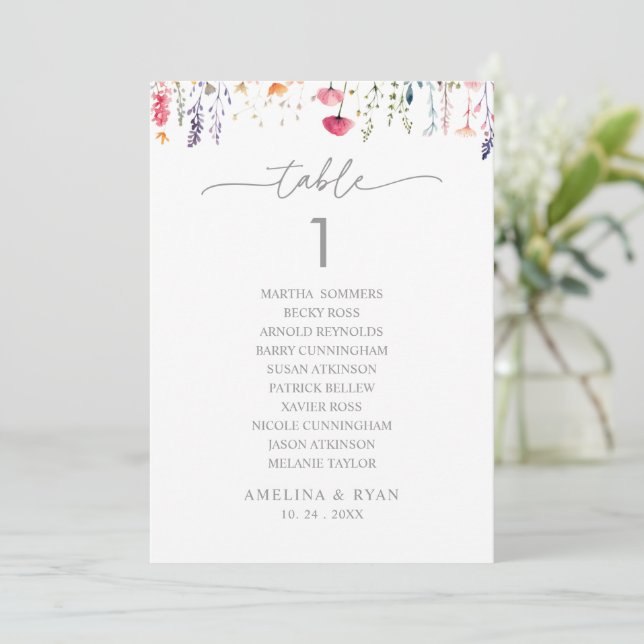 Convites  Spring Wildflower Table Number 1 Seating Chart (Em pé/Frente)
