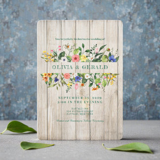 Convites Spring Wildflowers on Wood Wedding Invitation