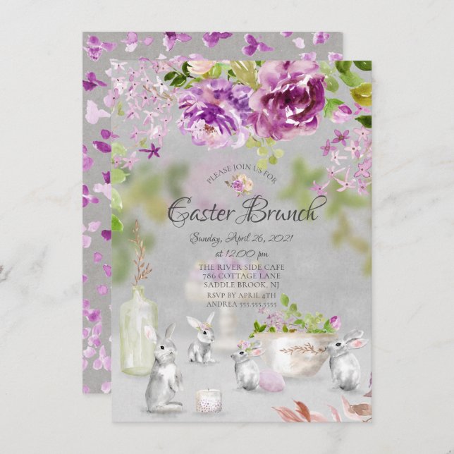 Convites Springtime Peonies Bunny Floral Páscoa Brunch (Frente/Verso)
