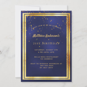 Convites sprinkle dourado azul aniversário de 21 anos
