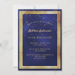 Convites sprinkle dourado azul aniversário de 30 anos<br><div class="desc">Um cartão de convite de festas moderno e moderno para homens, caras, homens. Um fundo azul escuro, azul marinho. A cor azul é irregular. Com uma falso moldura dourada e um sprinkle confetti de ouro, letras coloridas de ouro. Modelos para informações sobre a sua parte. Fundo: fundo azul com sprinkle...</div>