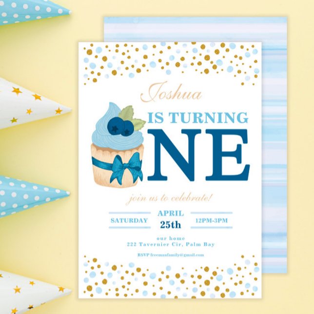 Convites Sprinkles Sweet Blueberry Cupcake 1º Aniversário (Criador carregado)