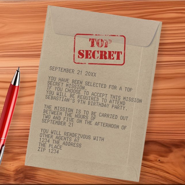 Convites Spy, agente especial secreto do partido Surprise (Surprise Party Top Secret Special Agent Spy Invitation by Ricaso. Novelty fun for kids and adults)