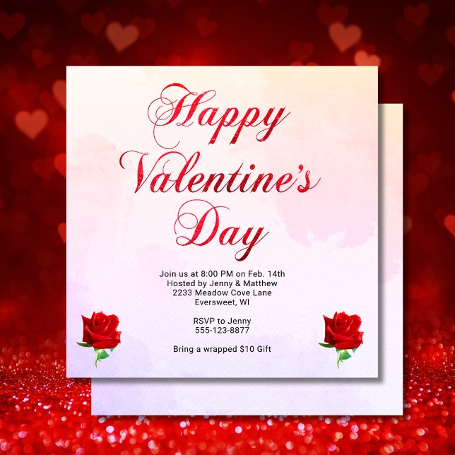 Convites SQ da Parte Rosa vermelha do Pastel do feliz dia d (Happy Valentine's Day Pastel Red Roses Party SQ Invitation)