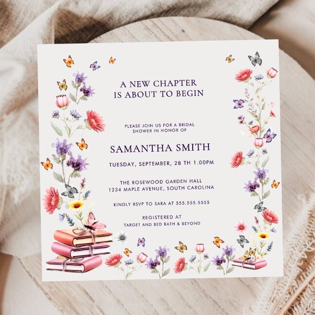 Convites Square Poppy & Lavender Book Theme Bridal Shower (Square poppy & lavender bridal shower invitation — elegant floral storybook design.)
