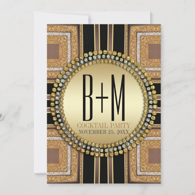 Convites Squazi ArtDeco Dourado Preto Festa de Cocktail (Frente)