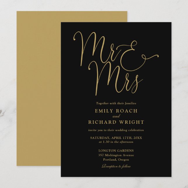 Convites Sr. E Sra. Elegant Script Black E Dourado Casament (Frente/Verso)