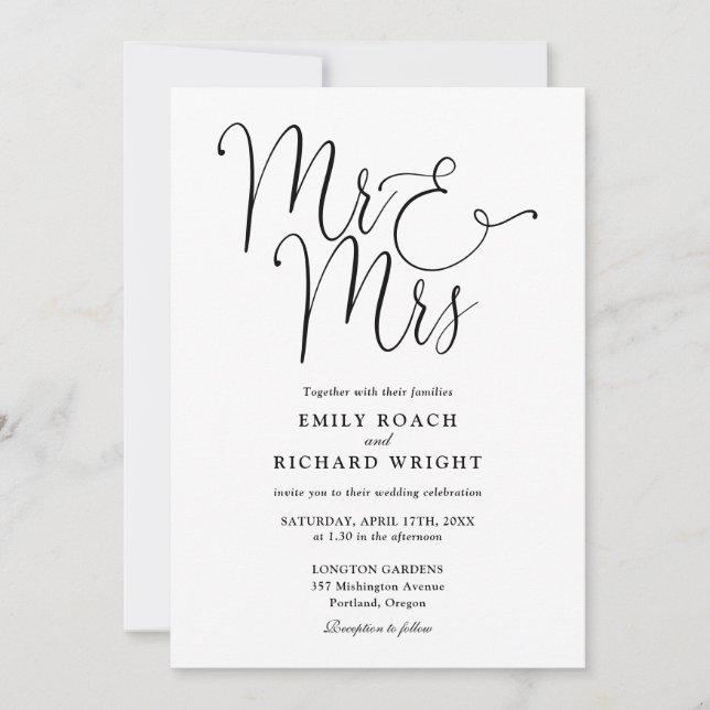 Convites Sr. E Sra. Elegant Script Black E White Wedding (Frente)