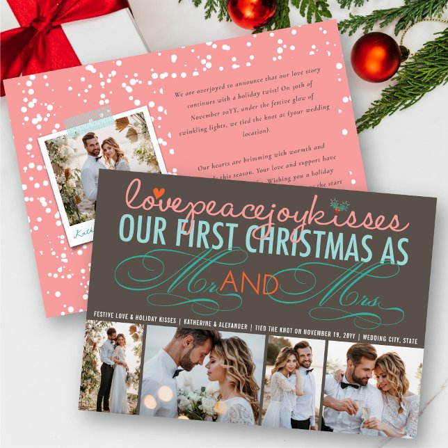 Convites Sr. e Sra. Primeiro Casamento de Colagem de Foto d (Love Peace Joy Kisses Mr And Mrs First Christmas 4 Photo Collage Wedding Holiday Card @ fat_fa_tin)