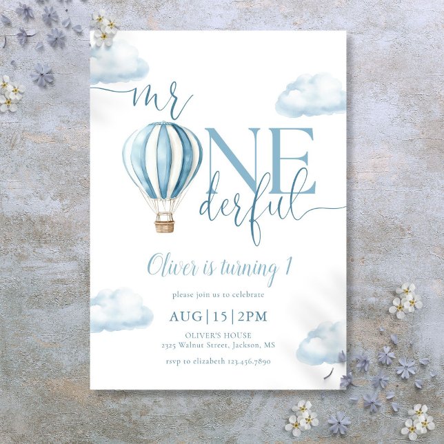 Convites Sr. Onederful Menino do Balão de Ar Azul Aniversár (Mr Onederful Blue Hot Air Balloon Boy 1st Birthday Invitation)