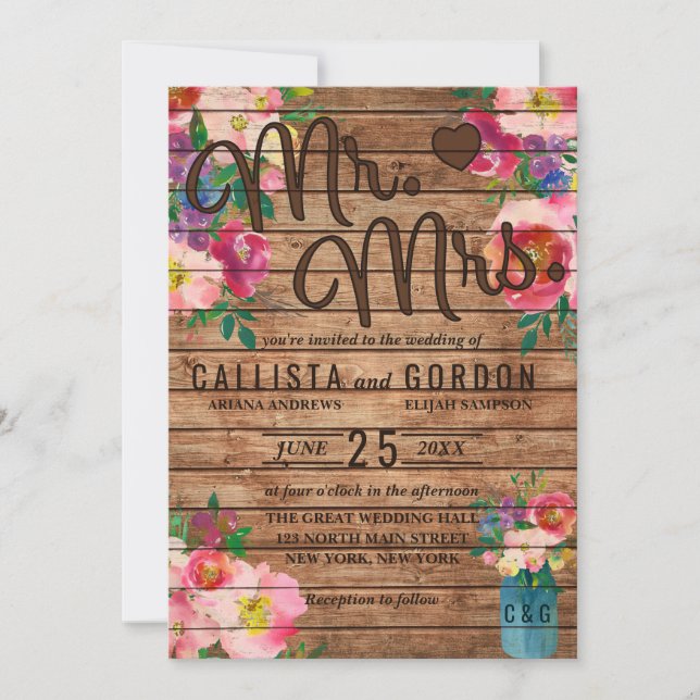 Convites Sr. Rustic Pink Floral Wood Mason Jar Wedding (Frente)