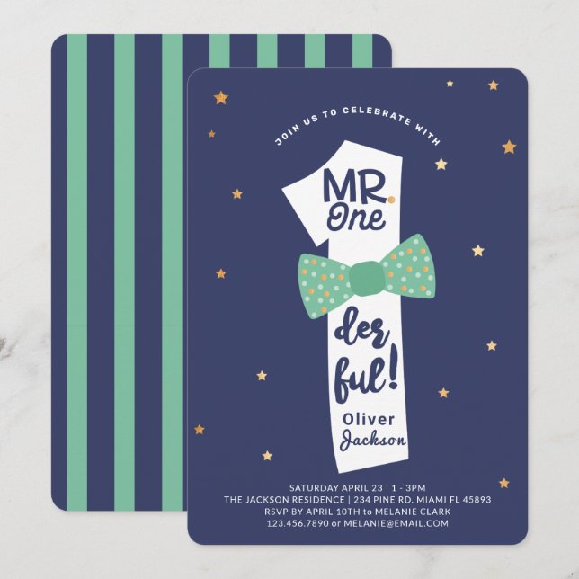 Convites Sr. Um Marinho de Bowtie maravilhoso e primeiro an (Frente/Verso)