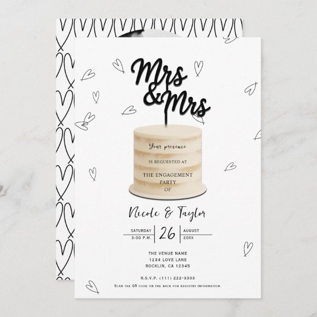 Convites Sra. Cake & Hearts Noivado Branco Negro (Frente/Verso)
