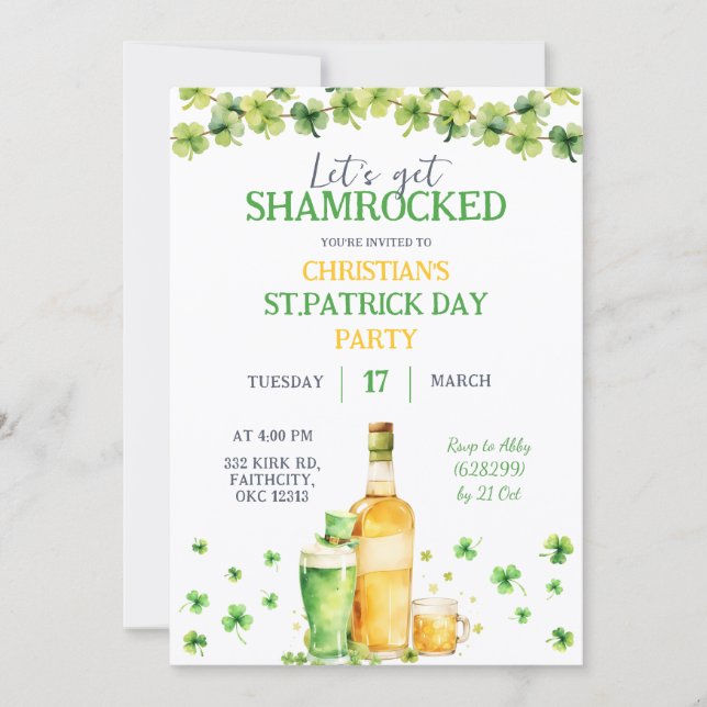 Convites St Patrick Day Let's Get Shamrocked Party (Frente)