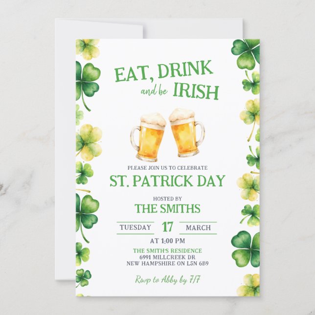 Convites St Patrick Eat, Drink, and be Irish Party (Frente)