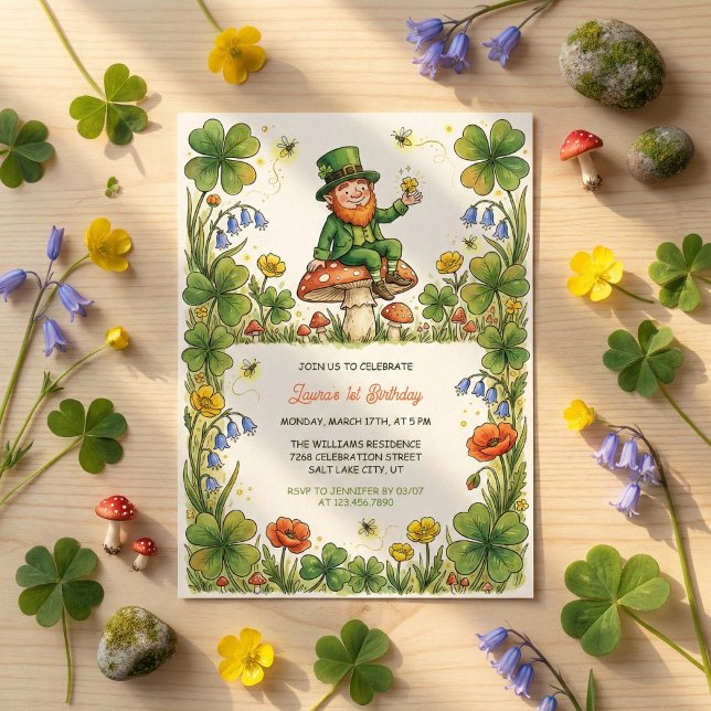 Convites St Patrick Leprechaun 1st Birthday Green Shamrock (Watercolor St. Patrick's Day Themed 1st Birthday Invitation Card)