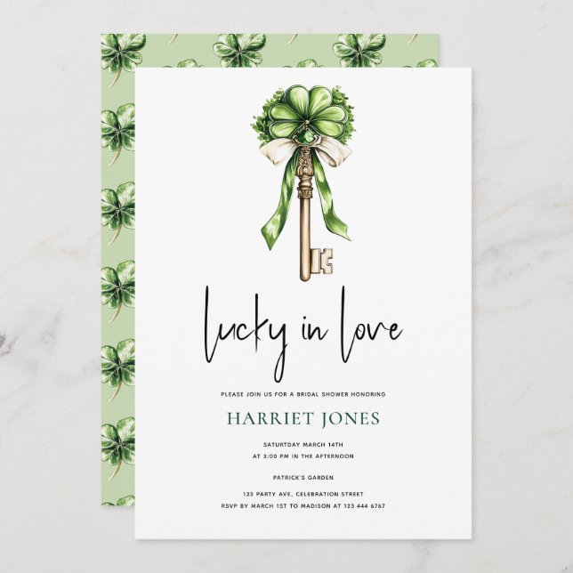 Convites St Patrick’s Bridal Shower Gold Key & Clover (Frente/Verso)