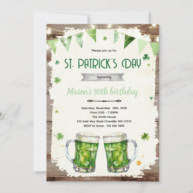 Convites St Patrick’s Day beer birthday invite (Frente)