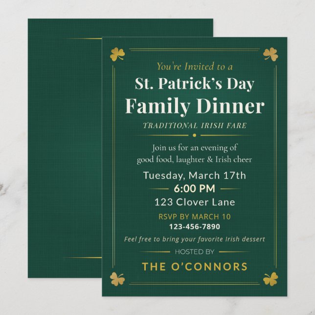 Convites St. Patrick’s Day Family Dinner Traditional Irish  (Frente/Verso)