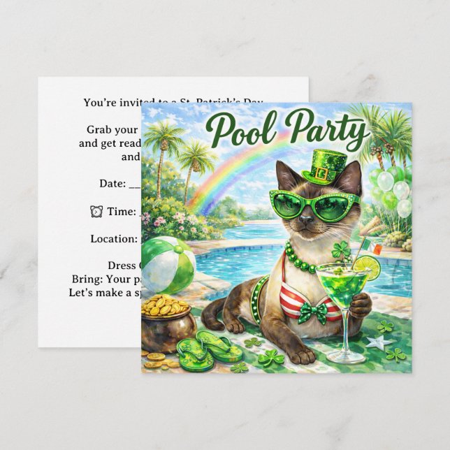 Convites St. Patrick’s Day Glam Cat Pool Party  (Frente/Verso)