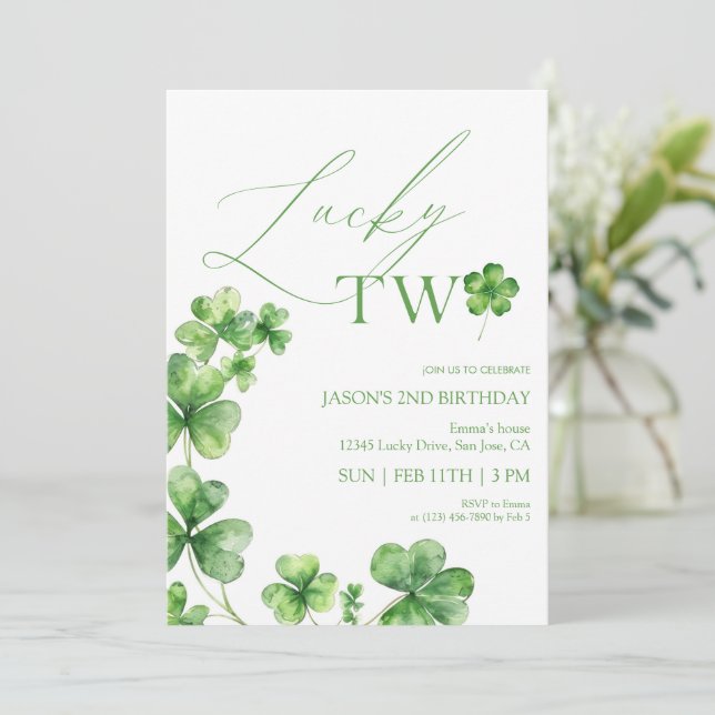 Convites St. Patrick's day green Lucky Two Second Birthday (Em pé/Frente)