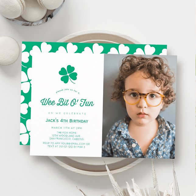 Convites St. Patrick's Day Shamrock White Photo Birthday (Criador carregado)