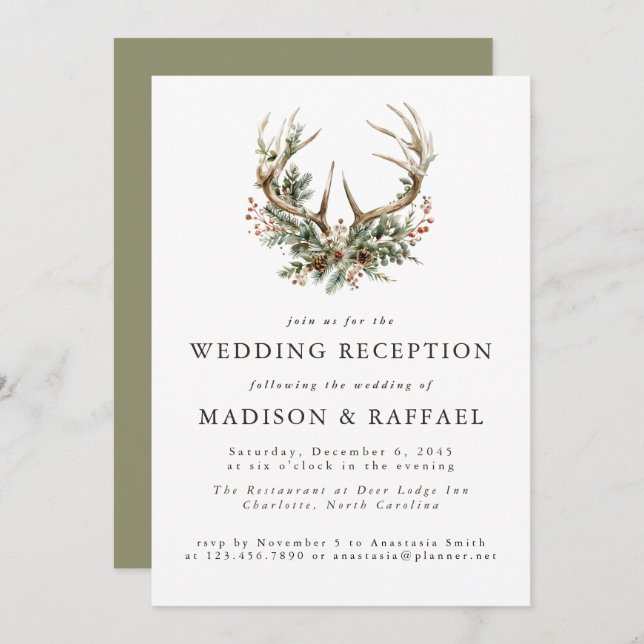 Convites Stag Antlers Rustic Winter Wedding Reception (Frente/Verso)