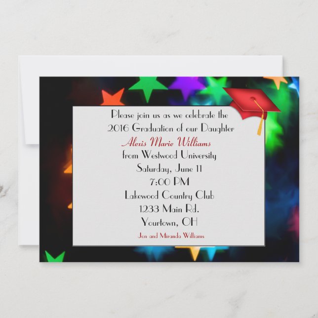 Convites Star Bokeh com Red Graduation Hat (Frente)