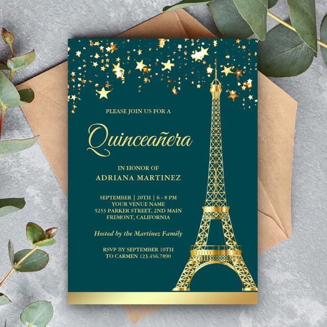 Convites Star Confetti Dourada Eiffel Tower Teal Quinceaner (Criador carregado)