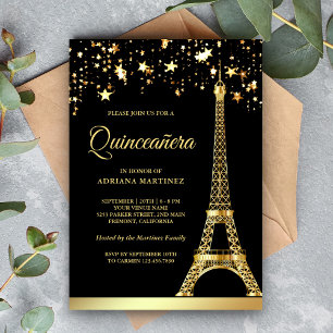 Convites Star Confetti Dourada Torre Eiffel Black Quinceane