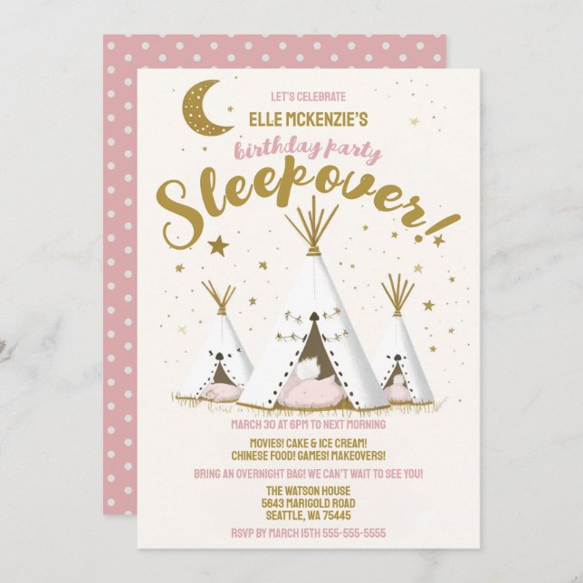 Convites Star Night Boho Chic Teepee Sleepover Party (Frente/Verso)