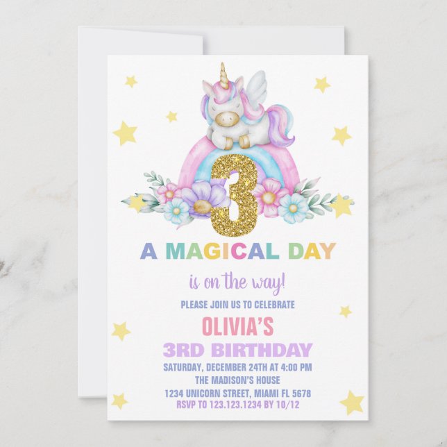 Convites Star Rainbow Unicorn Aniversário Voa (Frente)