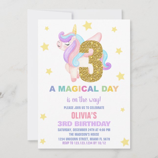 Convites Star Rainbow Unicorn Aniversário Voa (Frente)