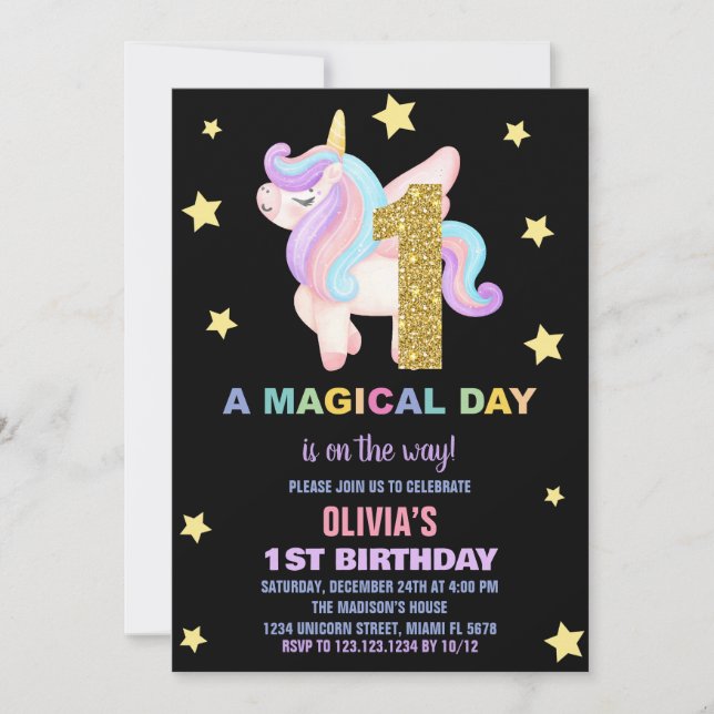 Convites Star Rainbow Unicorn Aniversário Voa (Frente)