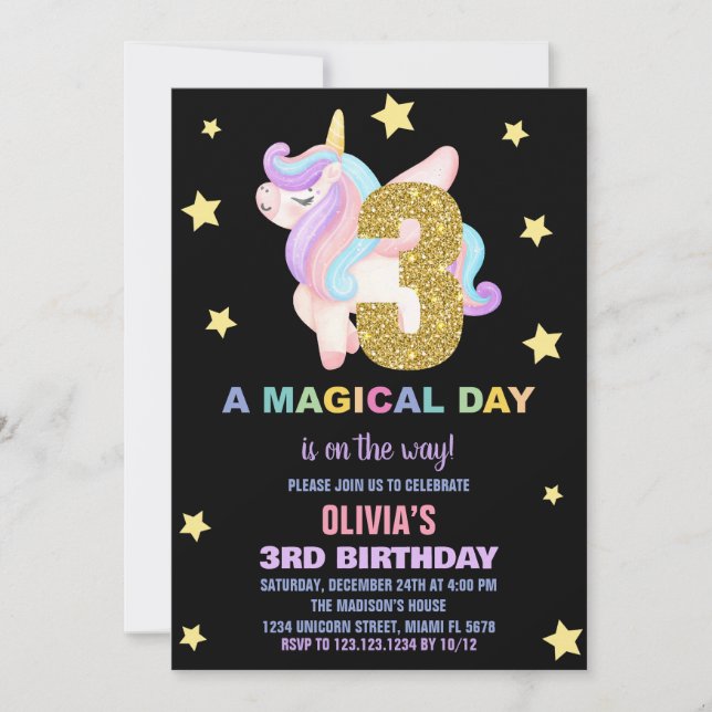 Convites Star Rainbow Unicorn Aniversário Voa (Frente)